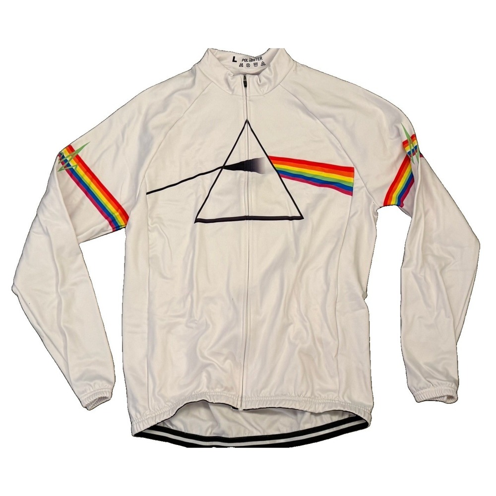 Pink Floyd Dark Side Moon Cycling Jersey Men's L White Long Sleeve Rainbow